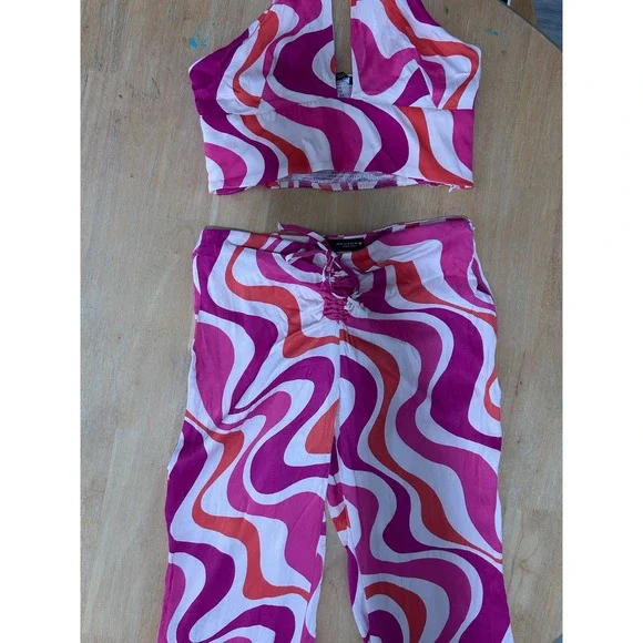Zara Pink Orange Psychedelic Swirl Halter Top & Wide Leg Pants Set M Disco Retro - Picture 16 of 16